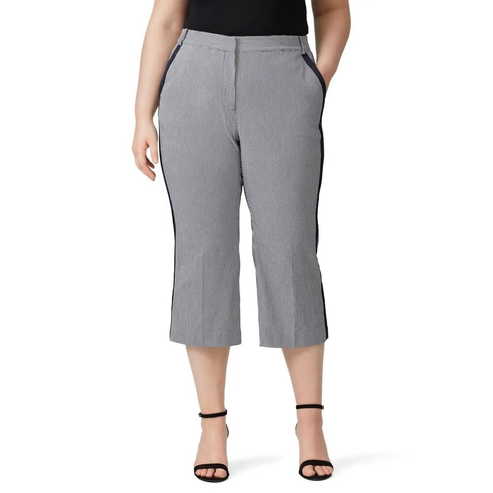 RACHEL ROY Elin Stripe Crop Dress Pants 16W Tailored Woven Navy White EUC B64